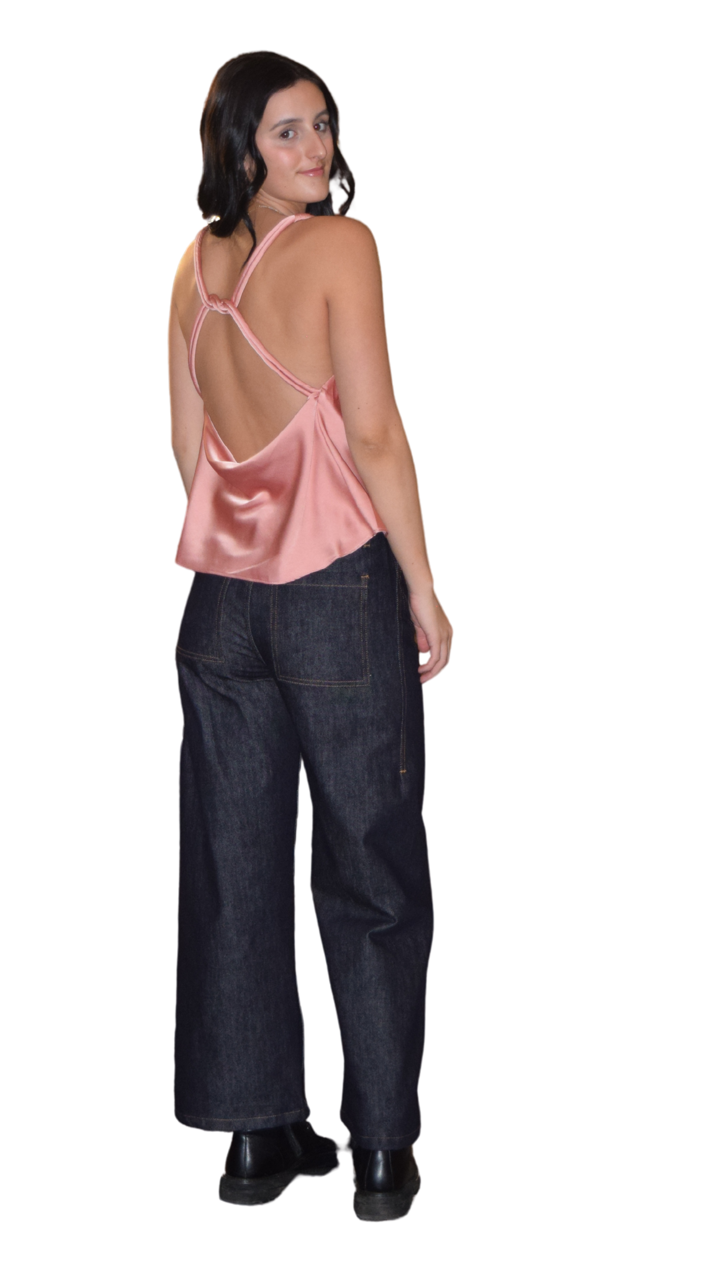 Satin Open Back Twist Strap Top Peach