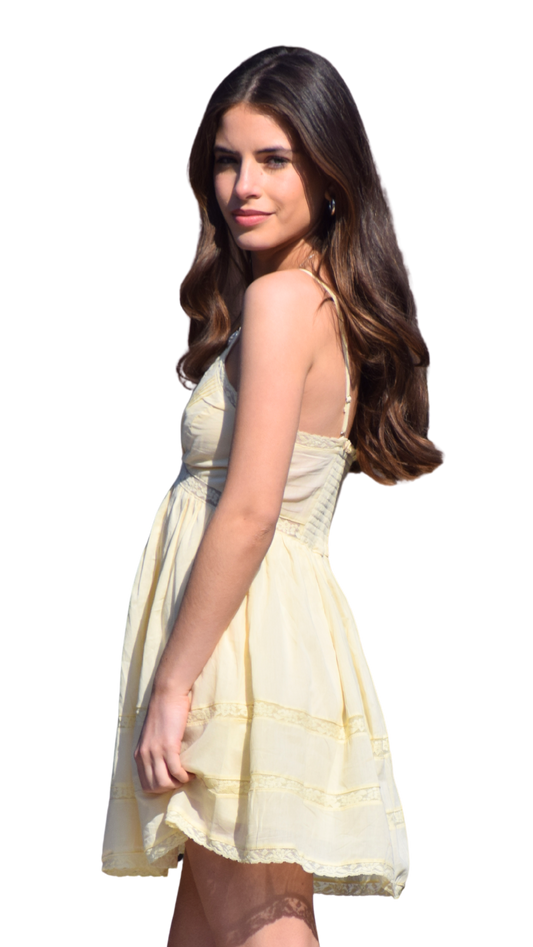 Lace Inset V Neck Dress Yellow