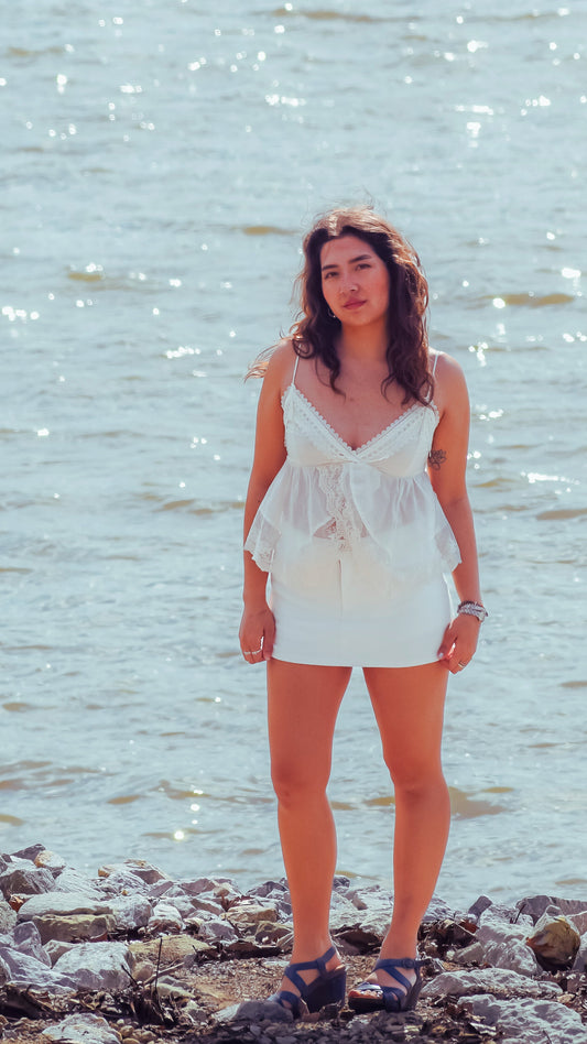 Denim Mini Skirt with Shorts White