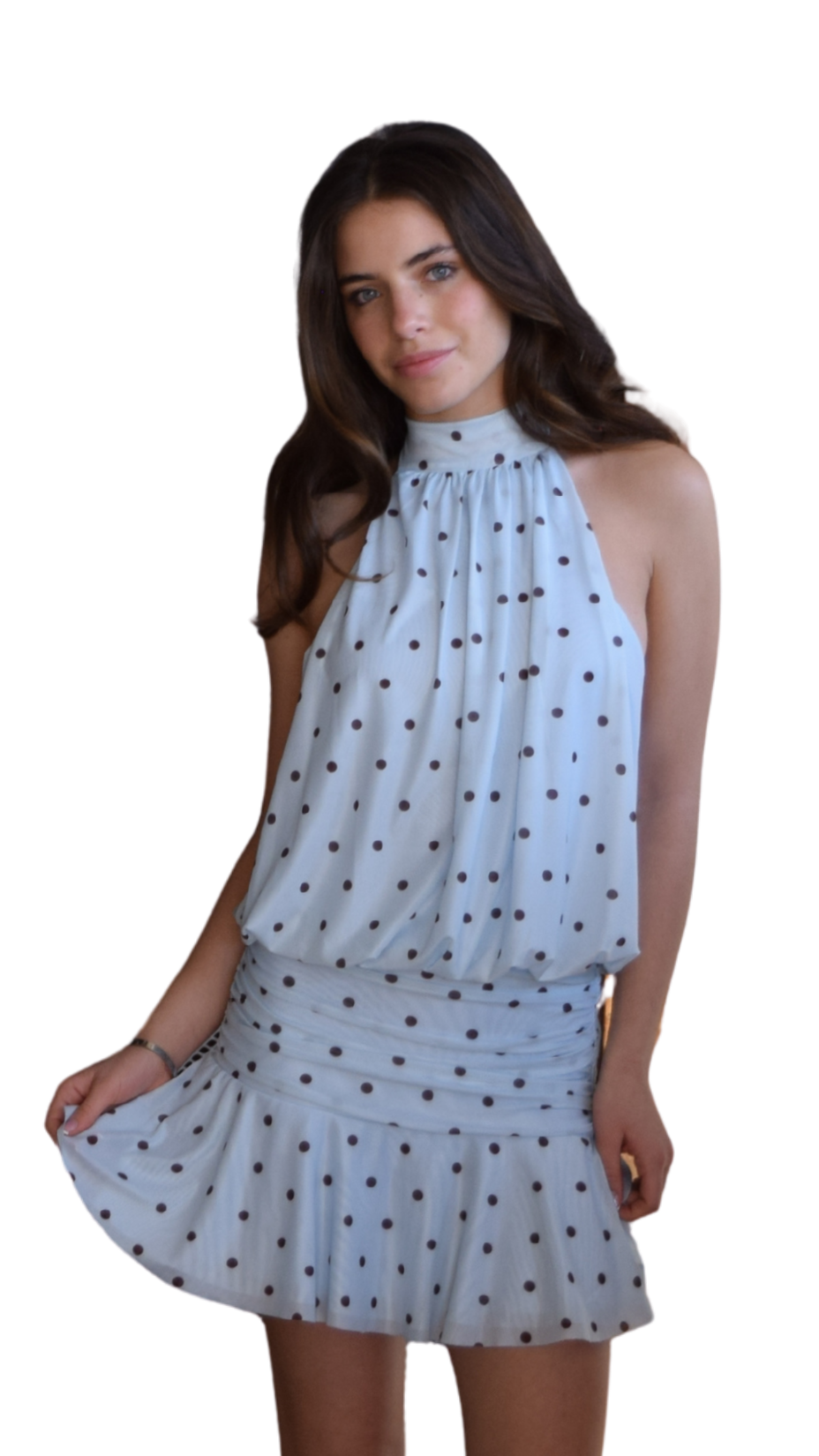 Mesh High Neck Polka Dot Dress Sky Blue