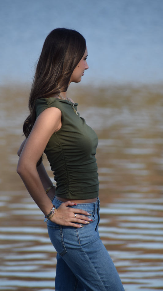 ASYMMETRICAL NECK SIDE PLEAT TOP OLIVE