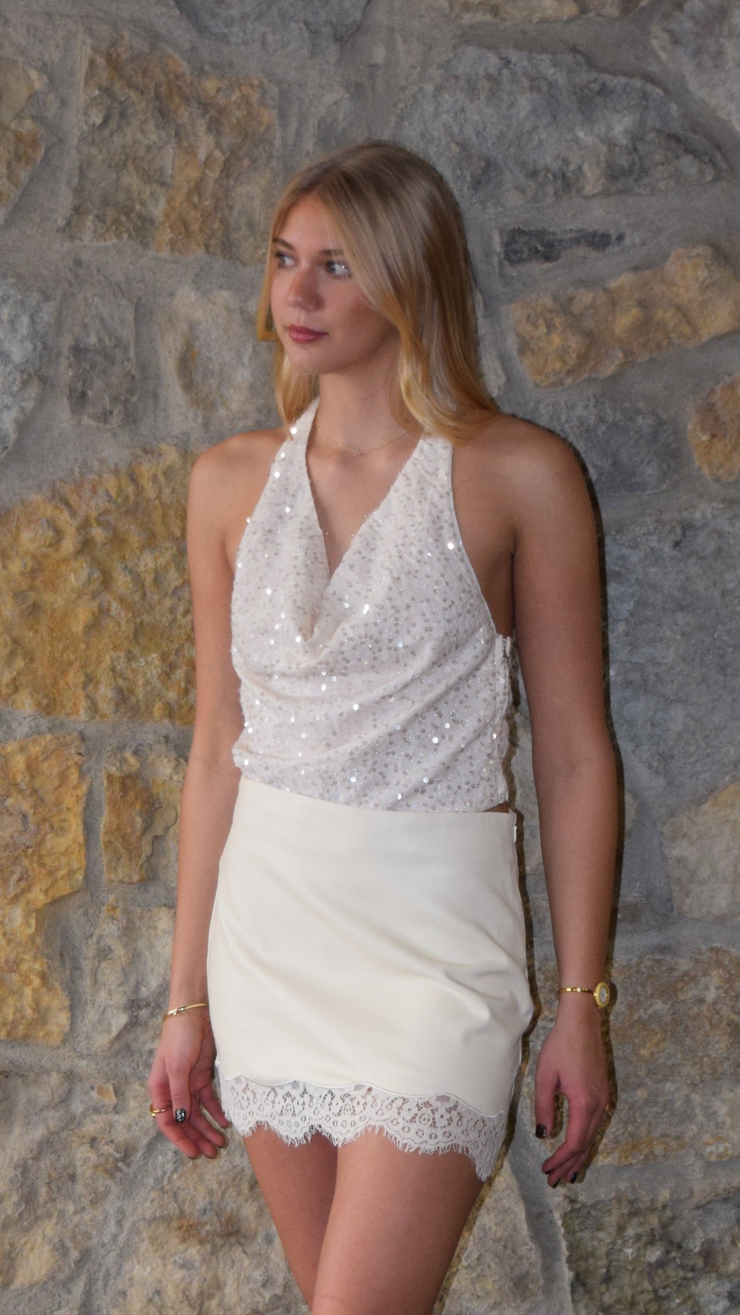 LACE TRIM LEATHER SKIRT IVORY