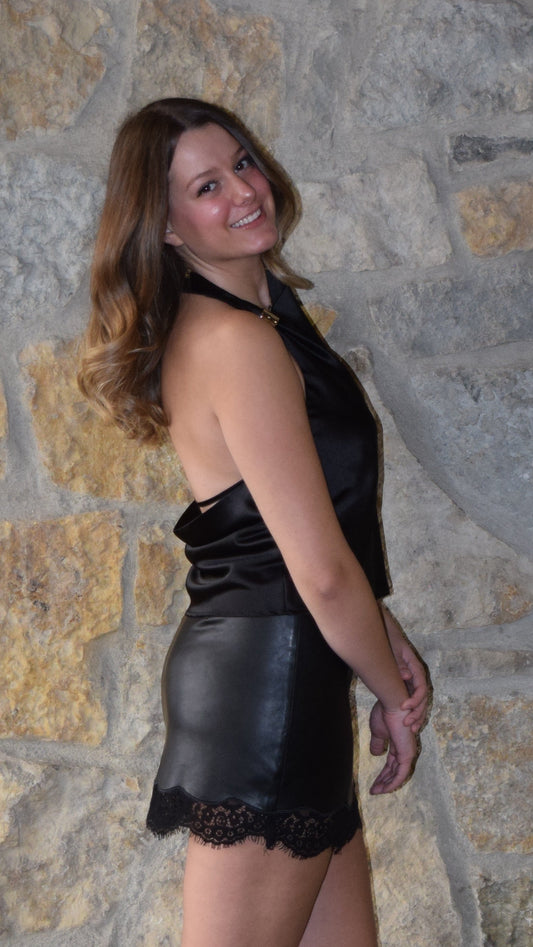 GOLD METAL DETAIL HIGH NECK HALTER TOP BLACK