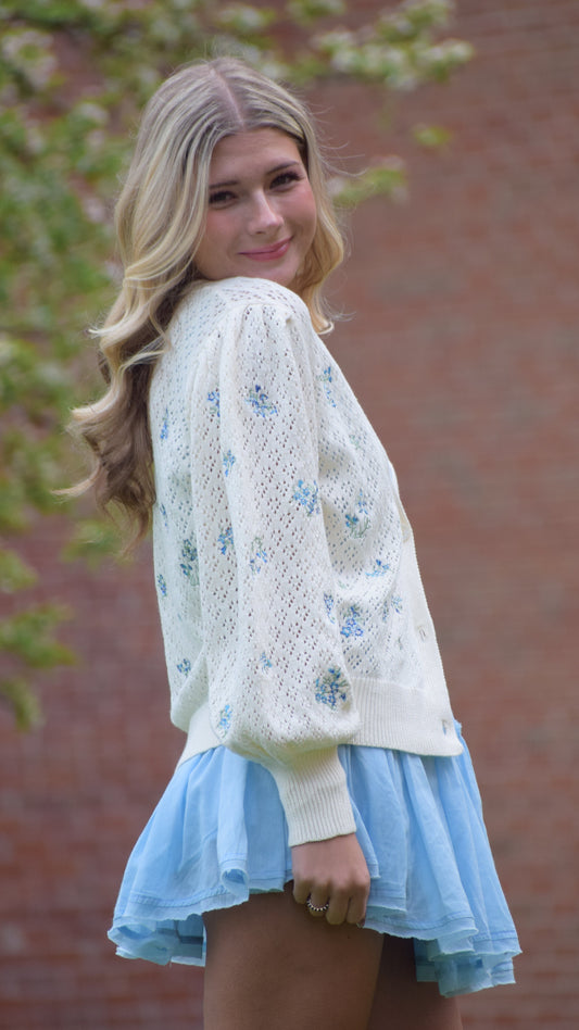 Embroidered Blue Flower Sweater Cardigan