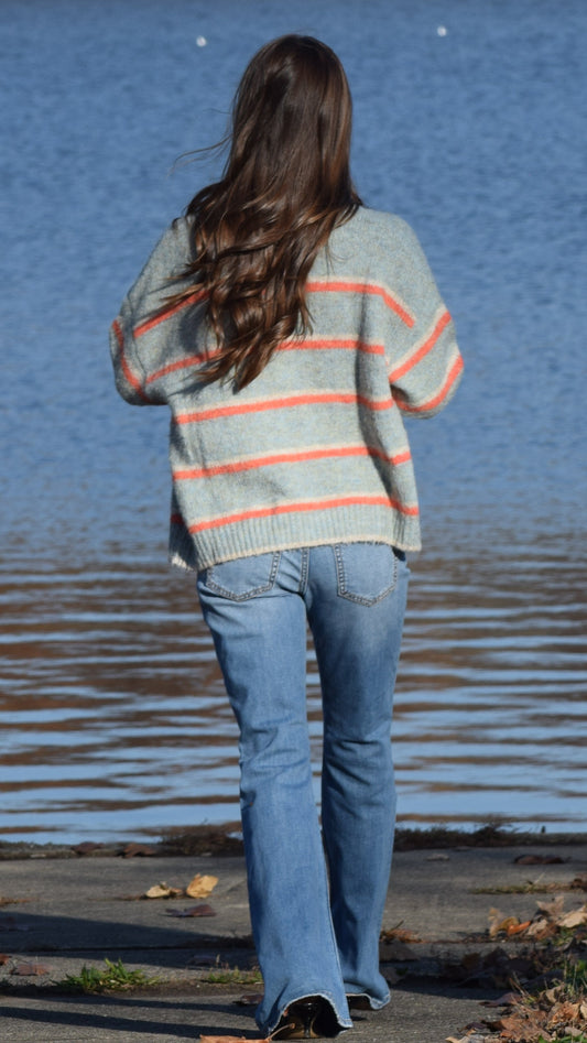 MULTI STRIPED CARDIGAN HEATHERED GREEN