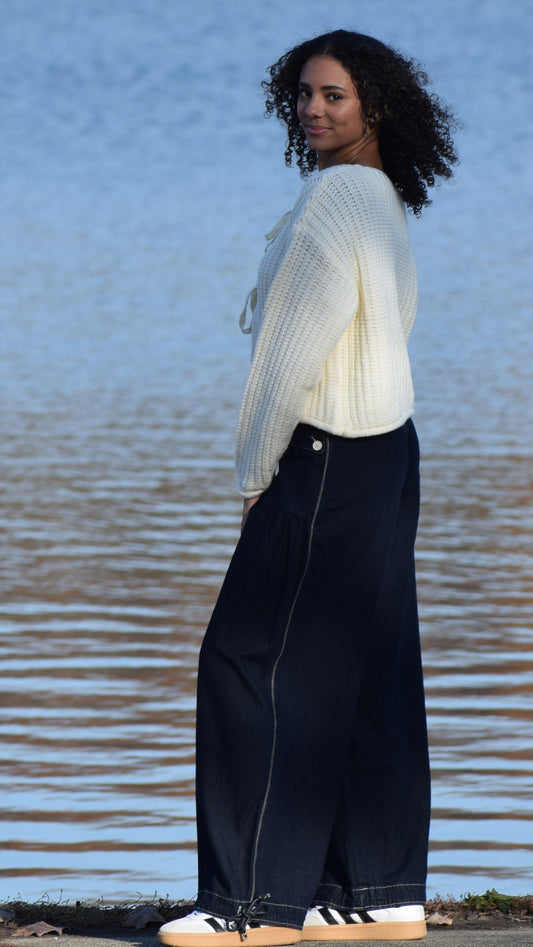 GATHERED WIDE LEG BUTTON DENIM DARK