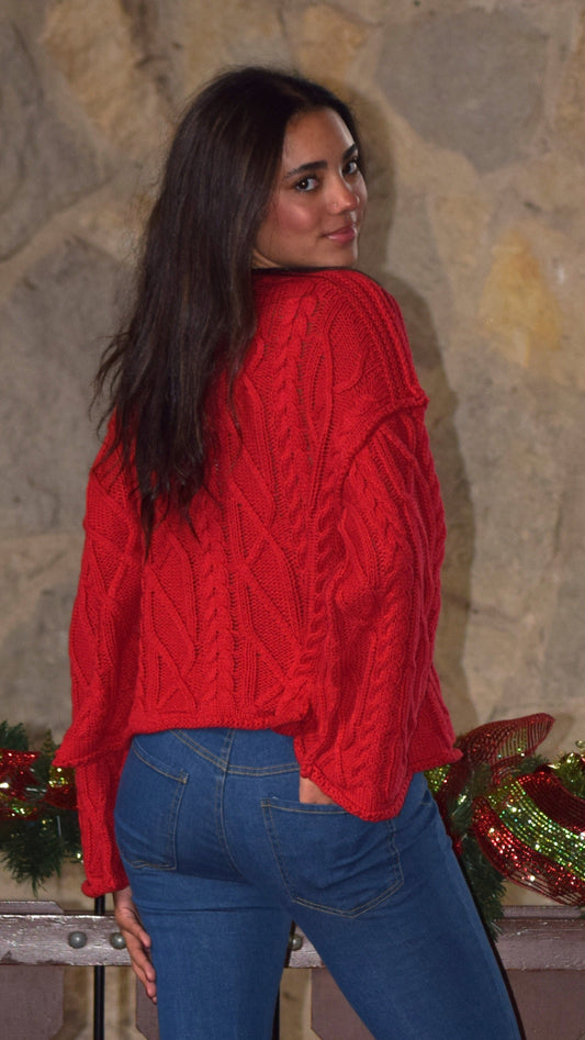 OVERSIZED CABLE KNIT PULLOVER SWEATER RED