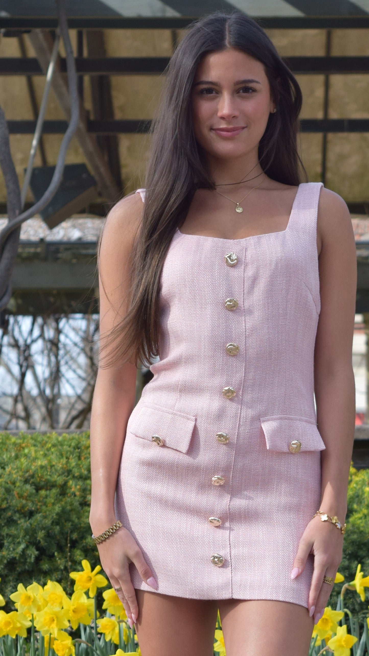 Gold Button Detail Tweed Dress