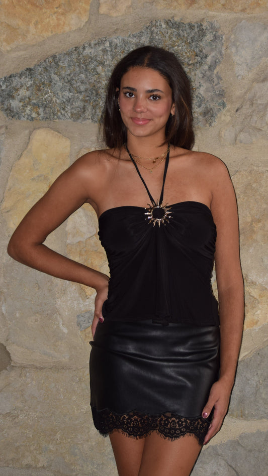 LACE TRIM LEATHER SKIRT BLACK