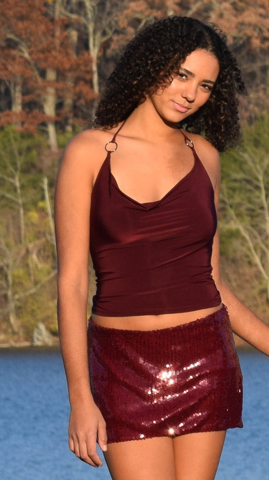 O RING HALTER SLINKY TOP WINE