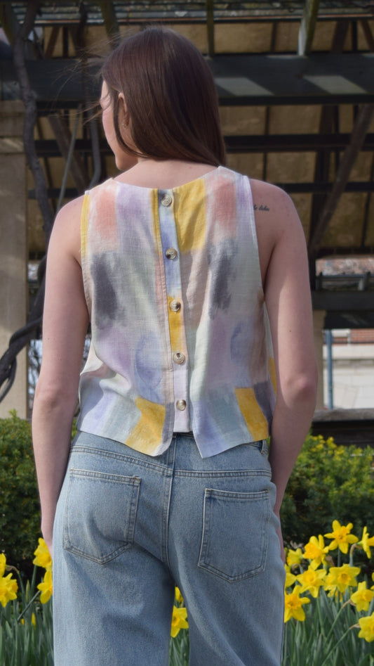 Watercolor Button Back Linen Top