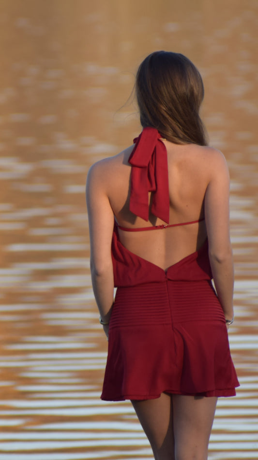 PLEATED WAIST HIGH NECK HALTER DRESS RUBY