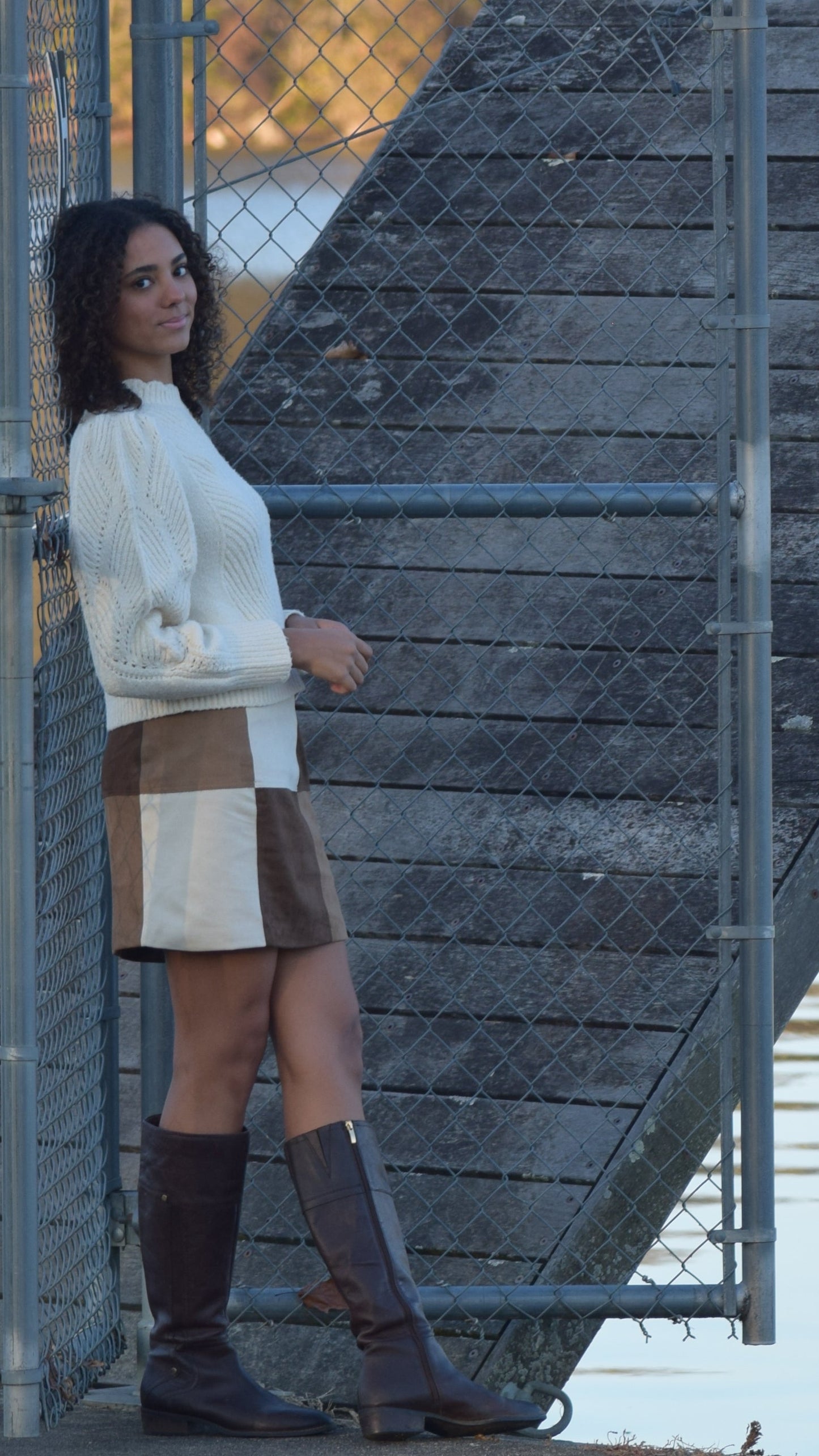 PATCHWORK FAUX SUEDE SKIRT BROWN