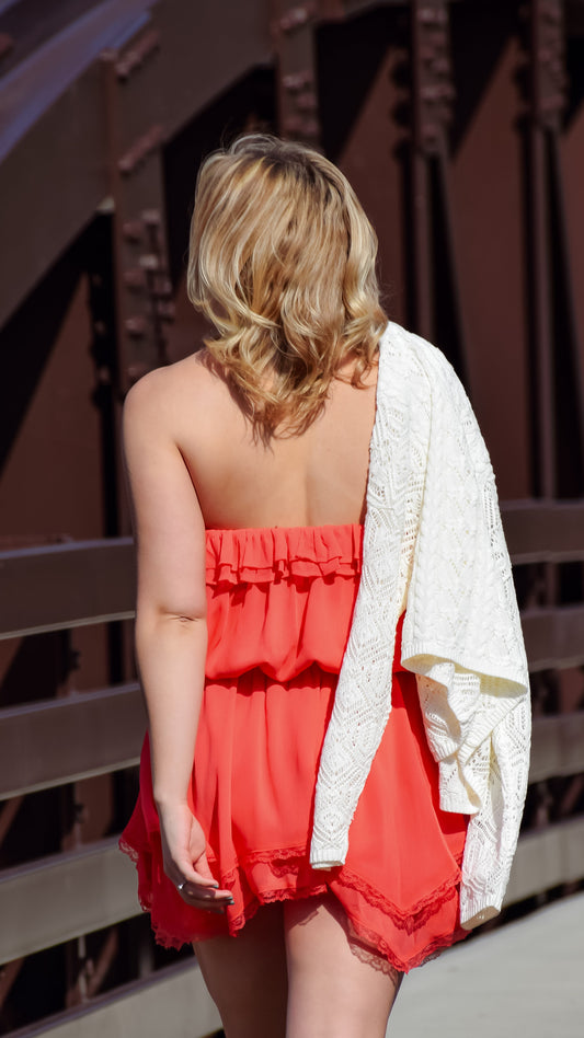 Keyhole Tube Asymmetrical Lace Hem Dress Coral