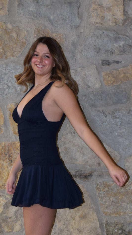 MESH V NECK SKATER DRESS NAVY