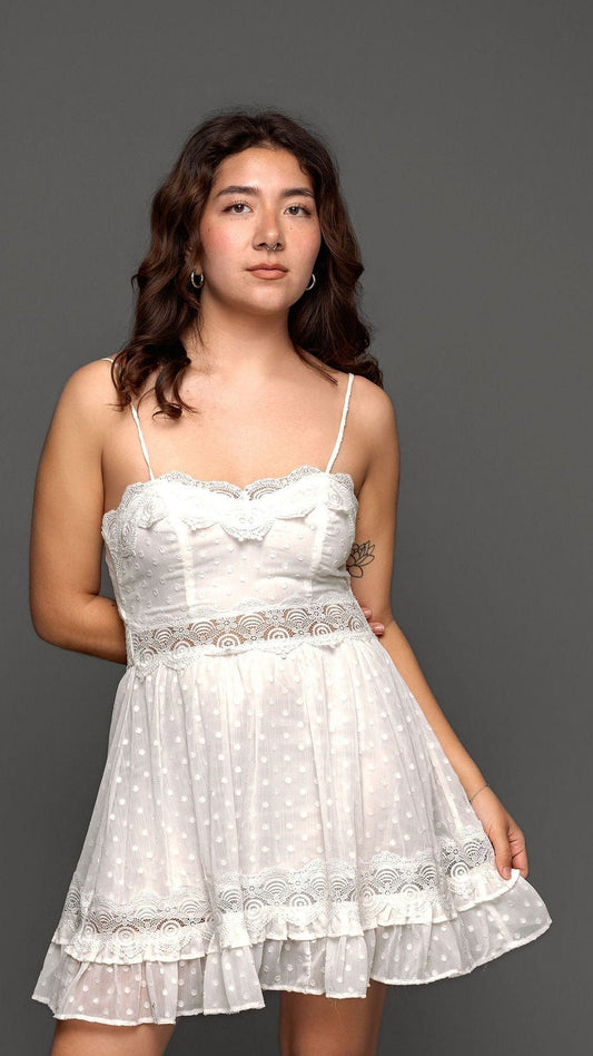 Lace Peek Trims Flowy Dress White