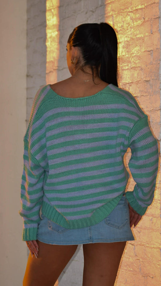 V Neck Mix Stripe Pullover Sweater Minty
