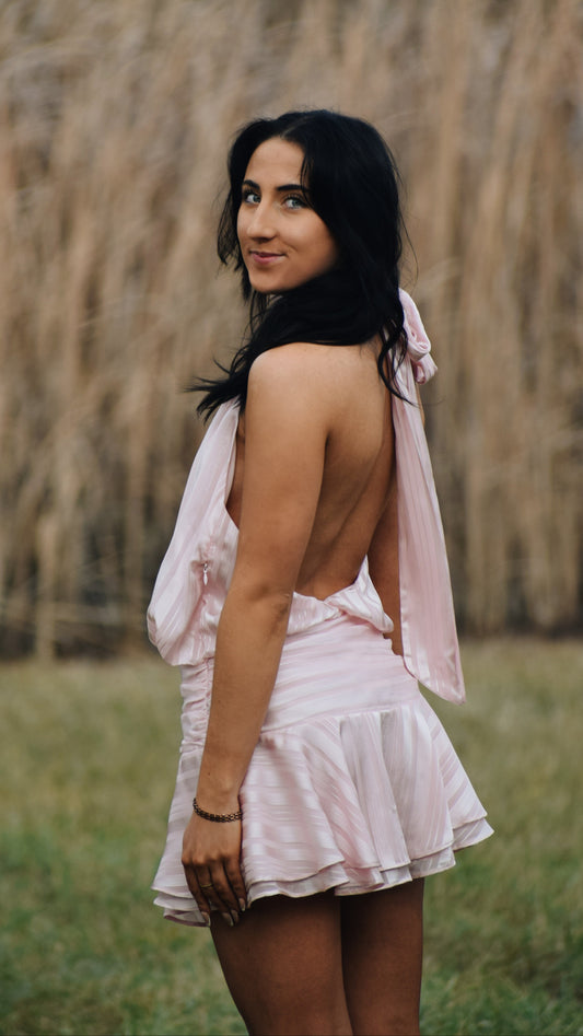 Shadow stripe high neck dress pink