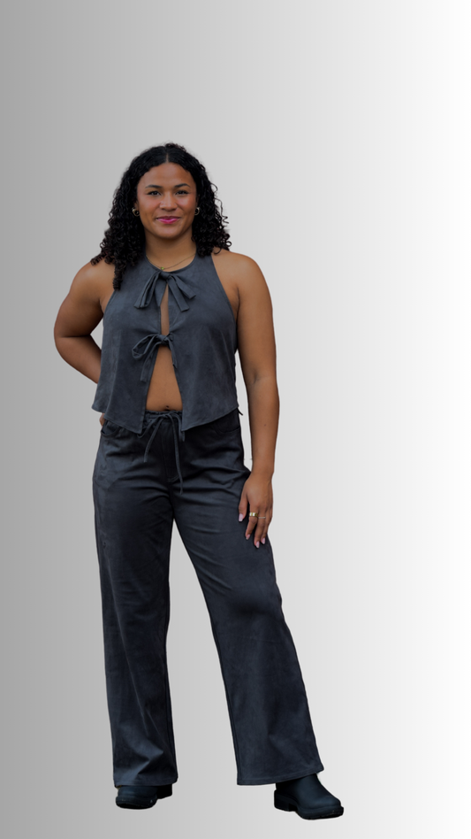 Two Bows Faux Suede Top Charcoal