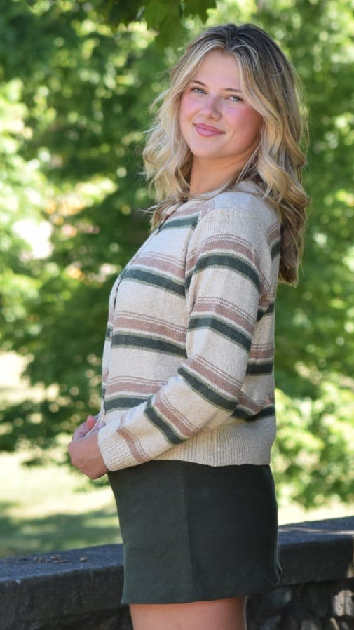 OLIVE STRIPE TEXTURE CARDIGAN SWEATER OAT