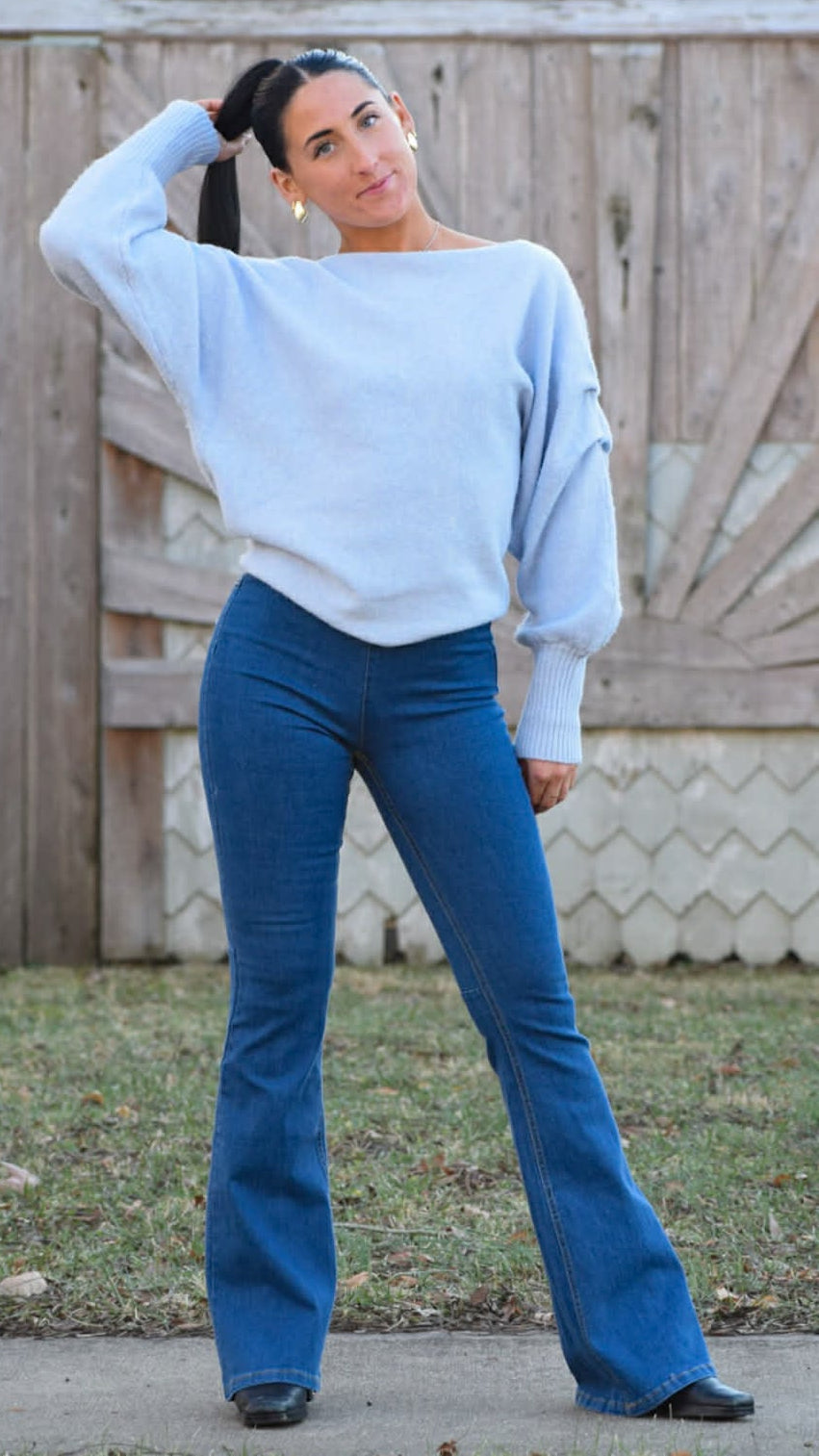 Pintuck Sleeve Super Soft Knit Top Sky Blue