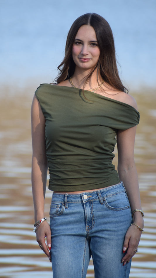 ASYMMETRICAL NECK SIDE PLEAT TOP OLIVE
