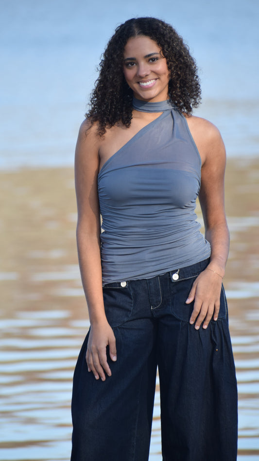 MESH GATHERED SIDES SCARF TOP GREY