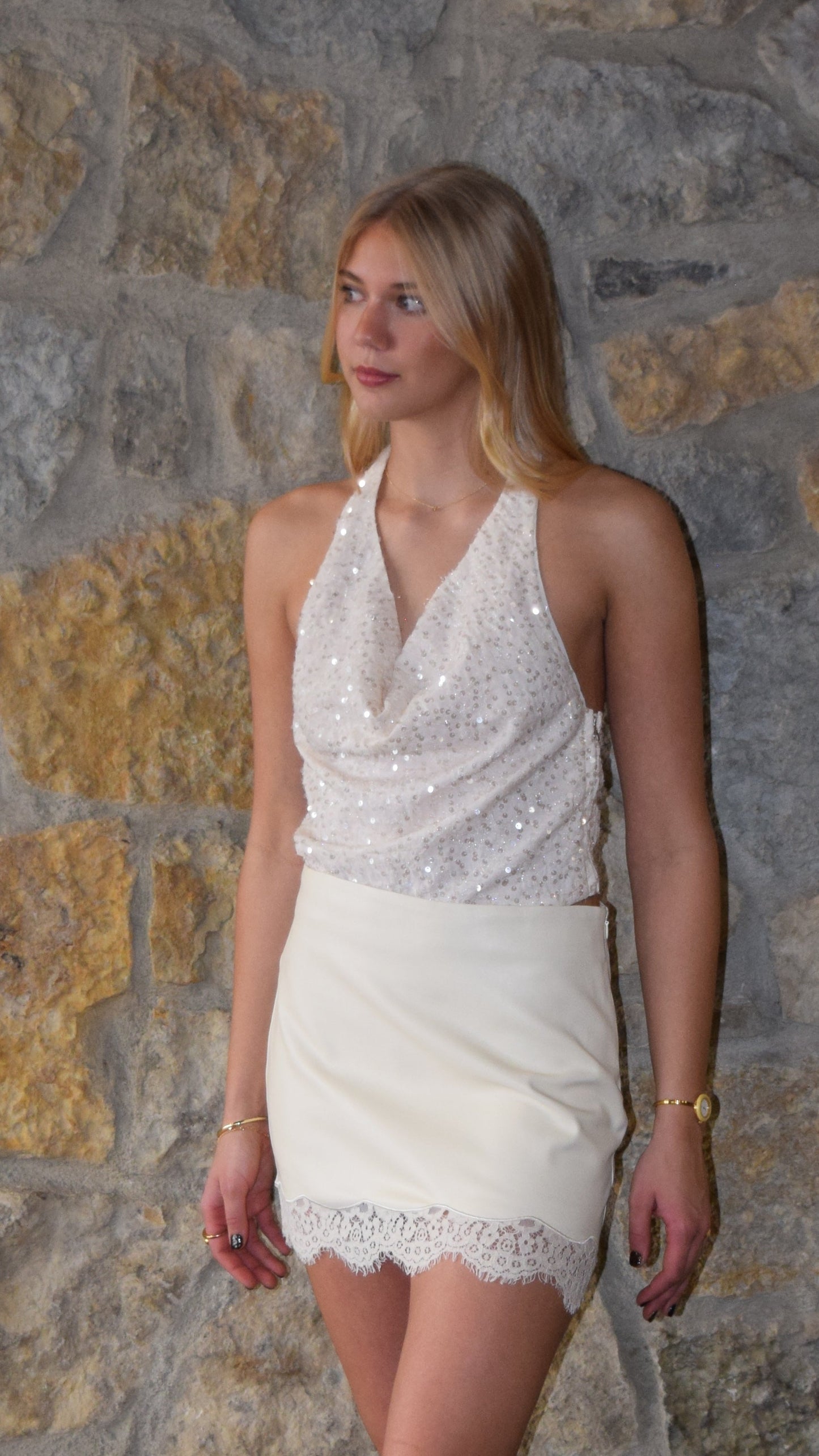 SEQUIN DRAPE NECK HALTER TOP CREAM