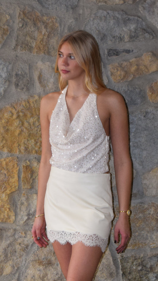 LACE TRIM LEATHER SKIRT IVORY