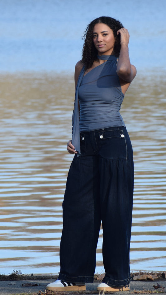 MESH GATHERED SIDES SCARF TOP GREY