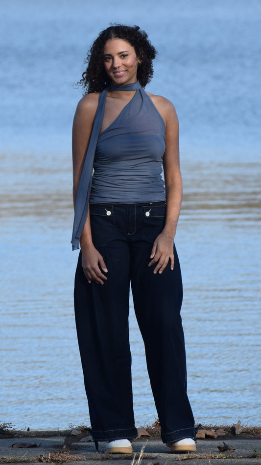 GATHERED WIDE LEG BUTTON DENIM DARK