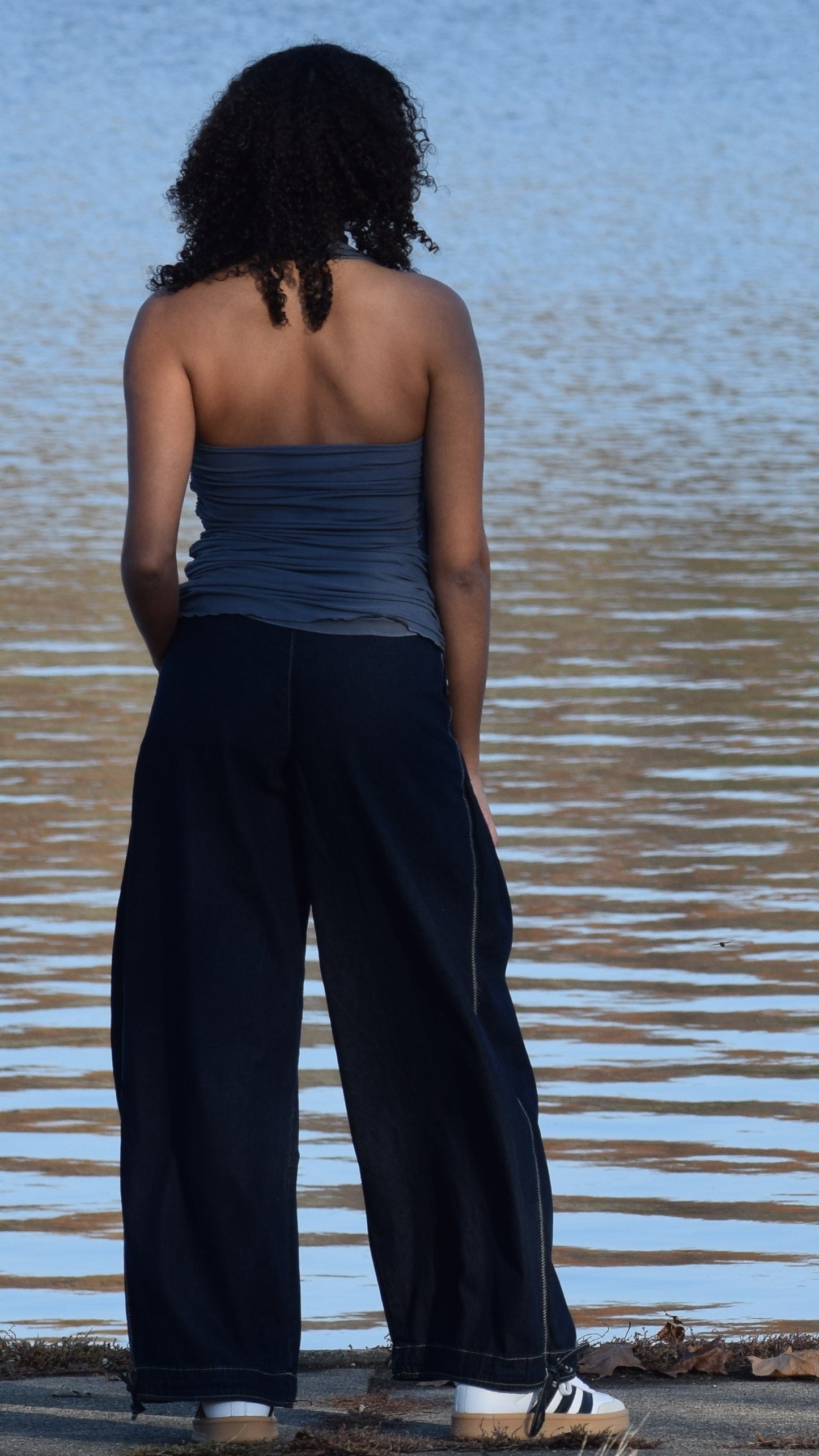 GATHERED WIDE LEG BUTTON DENIM DARK