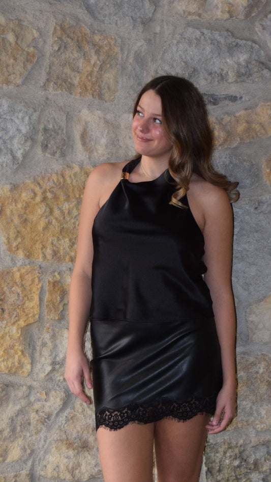 GOLD METAL DETAIL HIGH NECK HALTER TOP BLACK