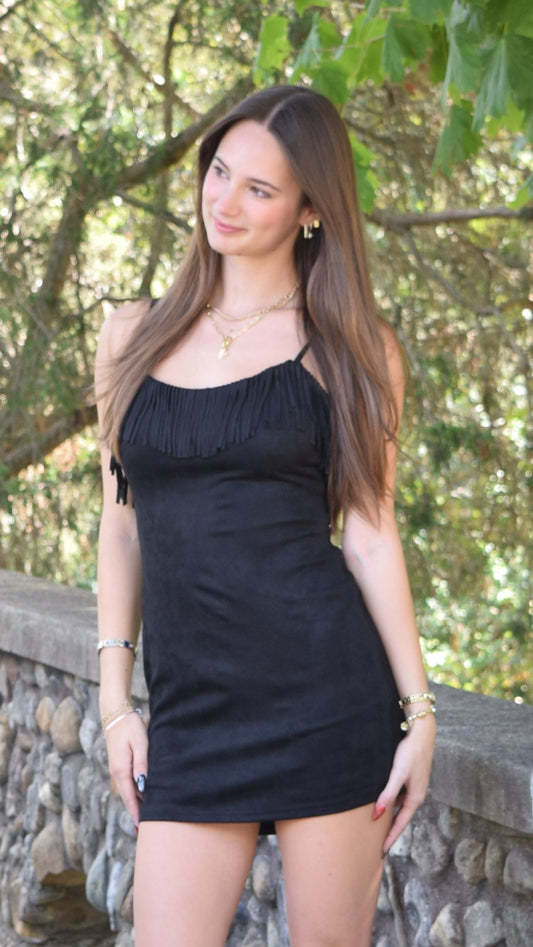 SUEDE FRINGE TOP CAMI DRESS BLACK