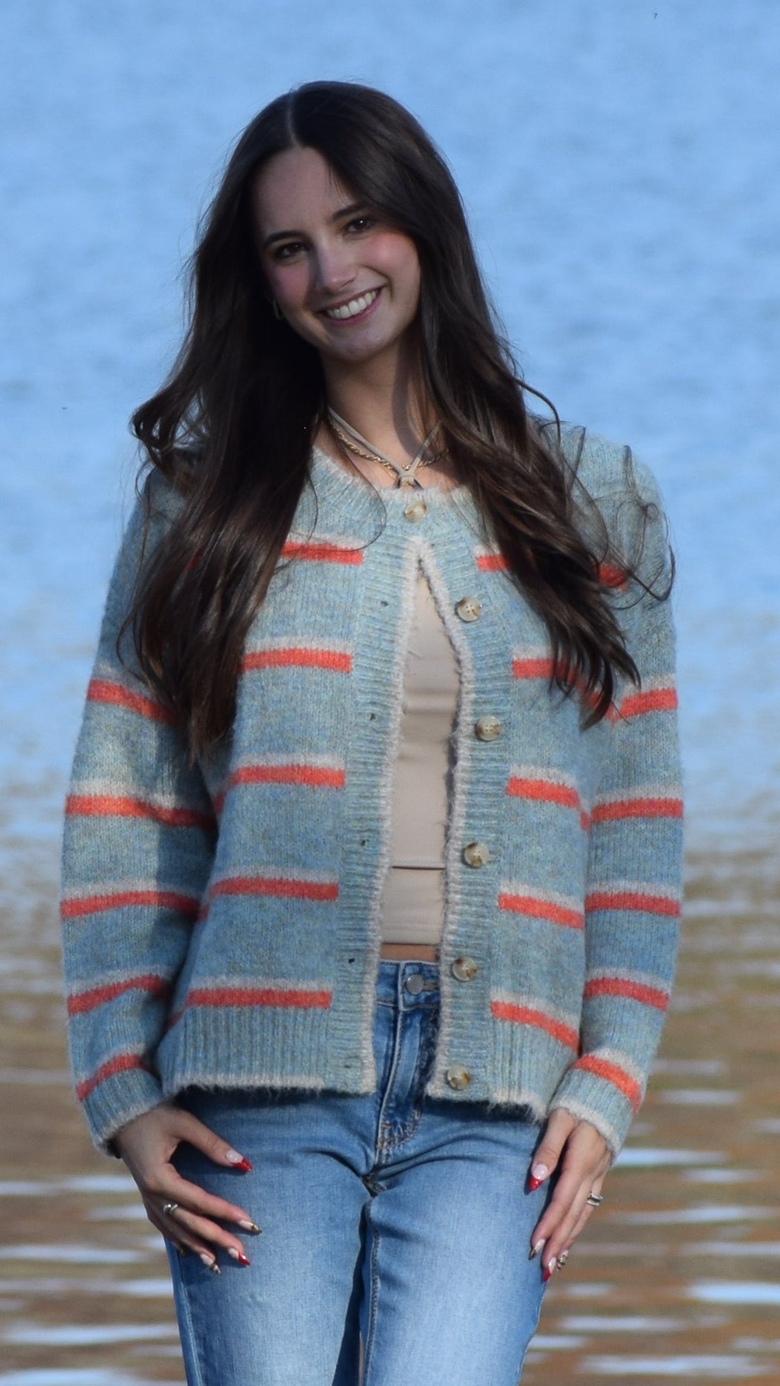 MULTI STRIPED CARDIGAN HEATHERED GREEN