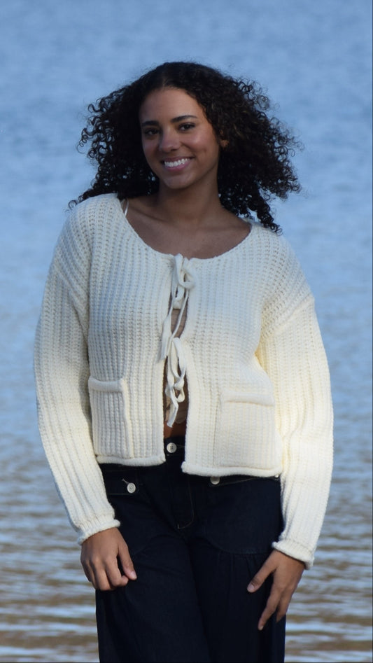 DOUBLE TIES POCKET SWEATER CARDI IVORY