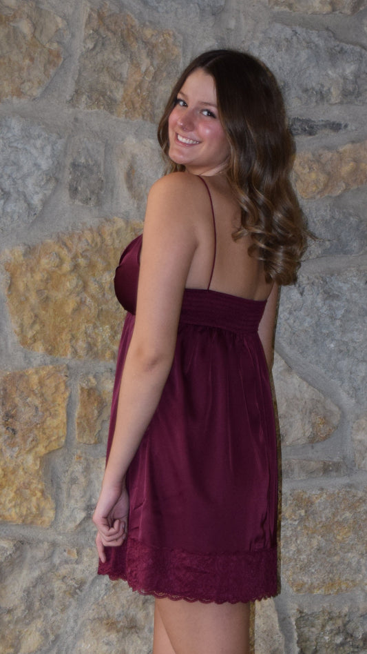 SATIN TWISTED SWEETHEART MINI DRESS PLUM