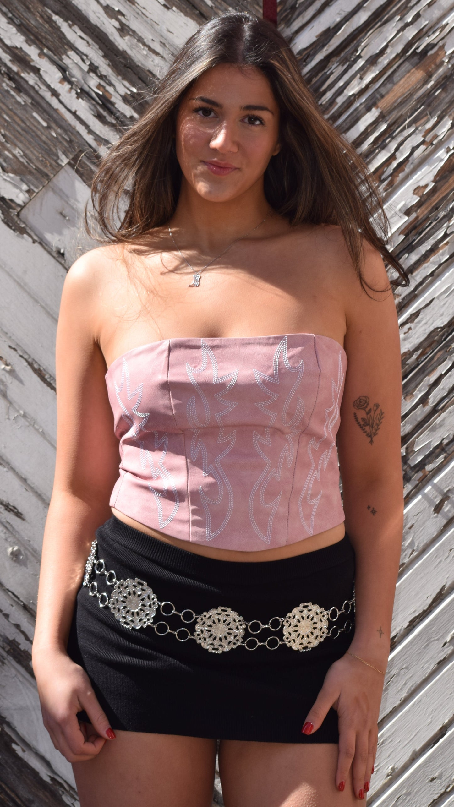 Faux Leather Embroidered Tube Top