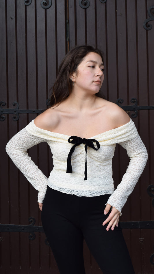 Long Sleeve Lace Velvet Bow Top