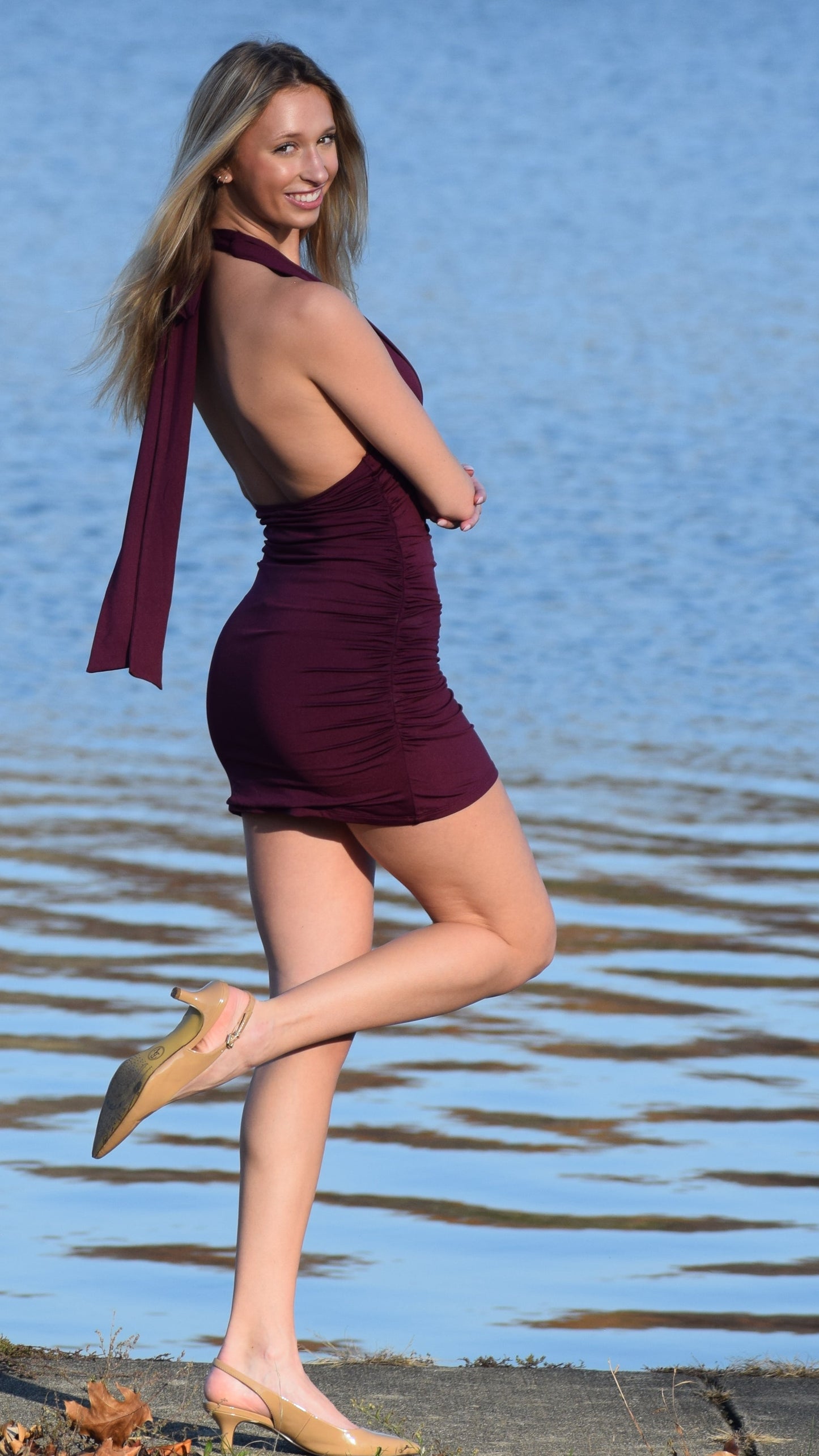 HALTER GATHER SIDES LOW BACK DRESS PLUM