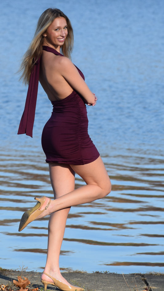 HALTER GATHER SIDES LOW BACK DRESS PLUM