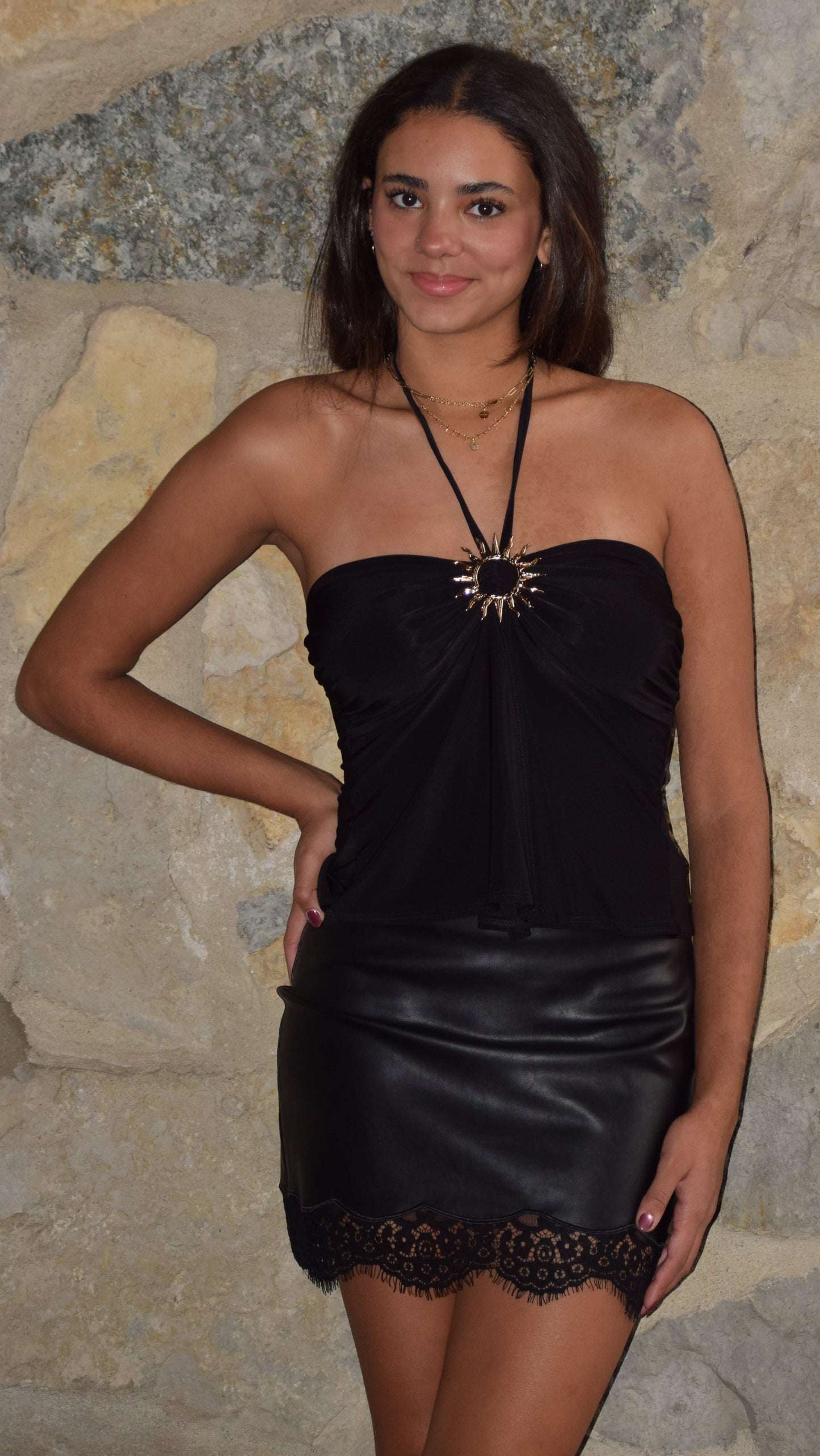 GOLD SUN SPLIT FRONT HALTER TOP BLACK