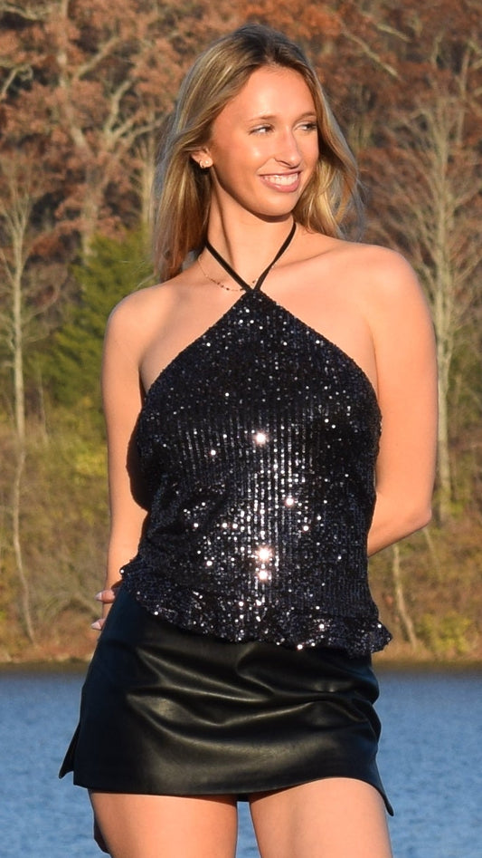 SEQUIN HALTER TOP BLACK