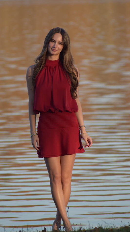 PLEATED WAIST HIGH NECK HALTER DRESS RUBY