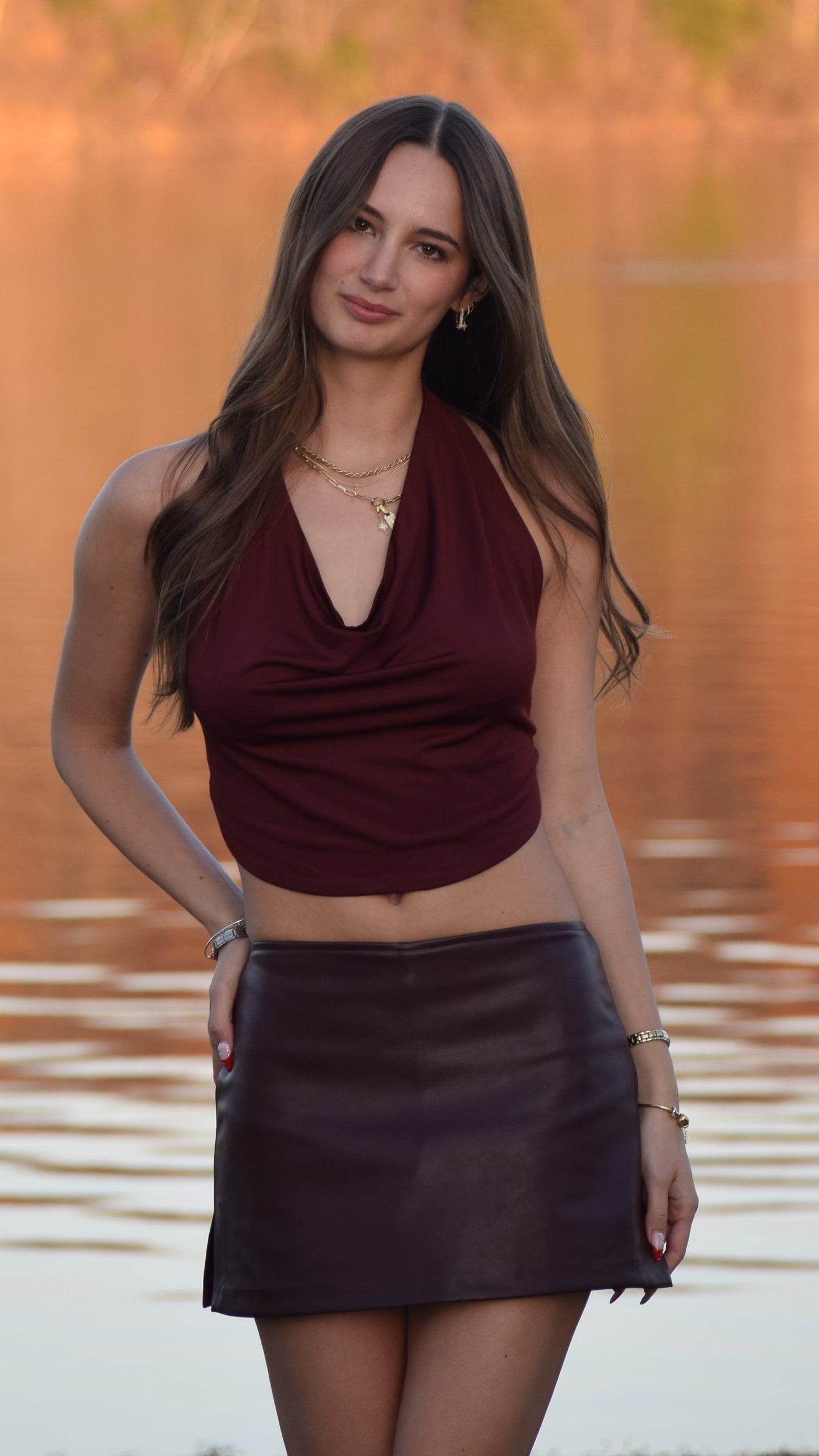 FAUX LEATHER SIDE SLIT SKORT PLUM