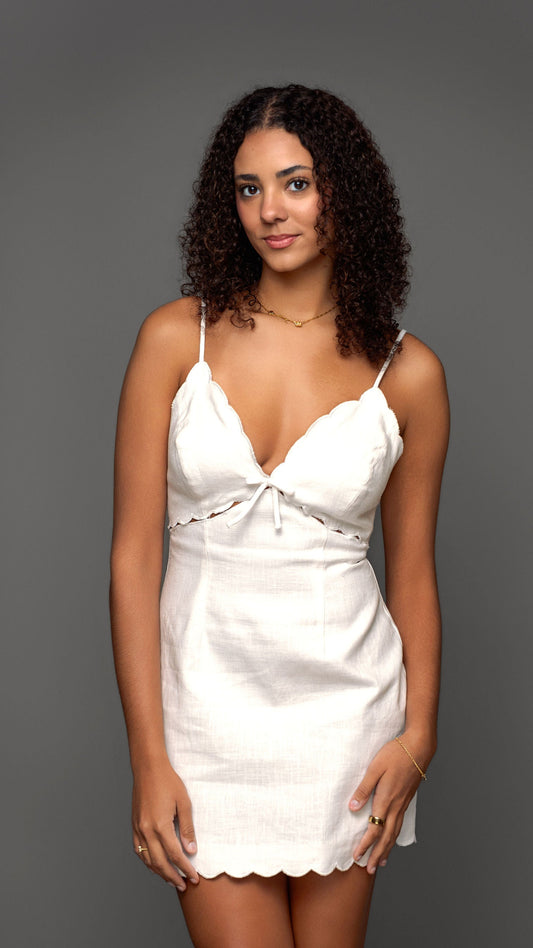 Scallop Cutout Linen Dress White