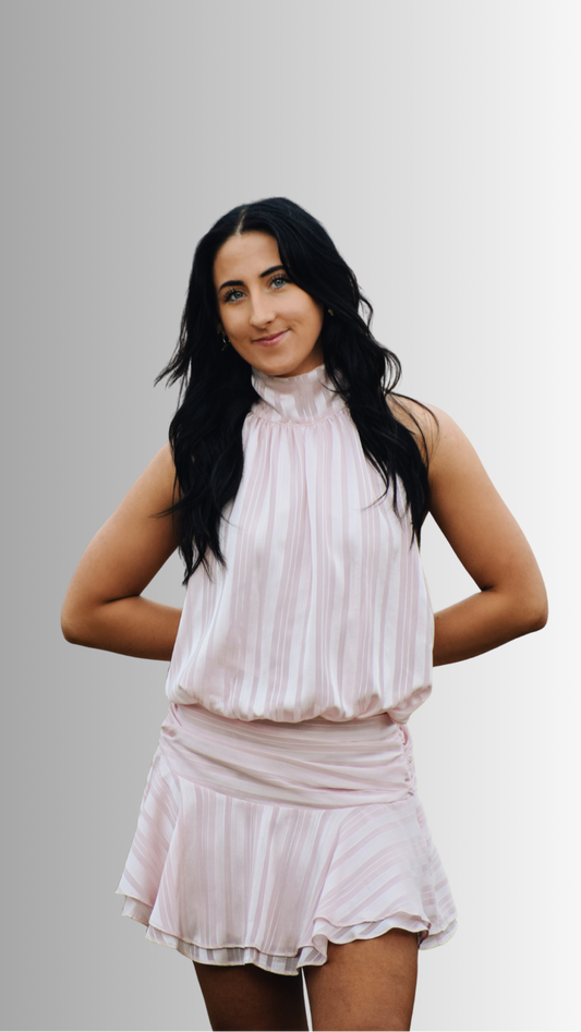 Shadow stripe high neck dress pink