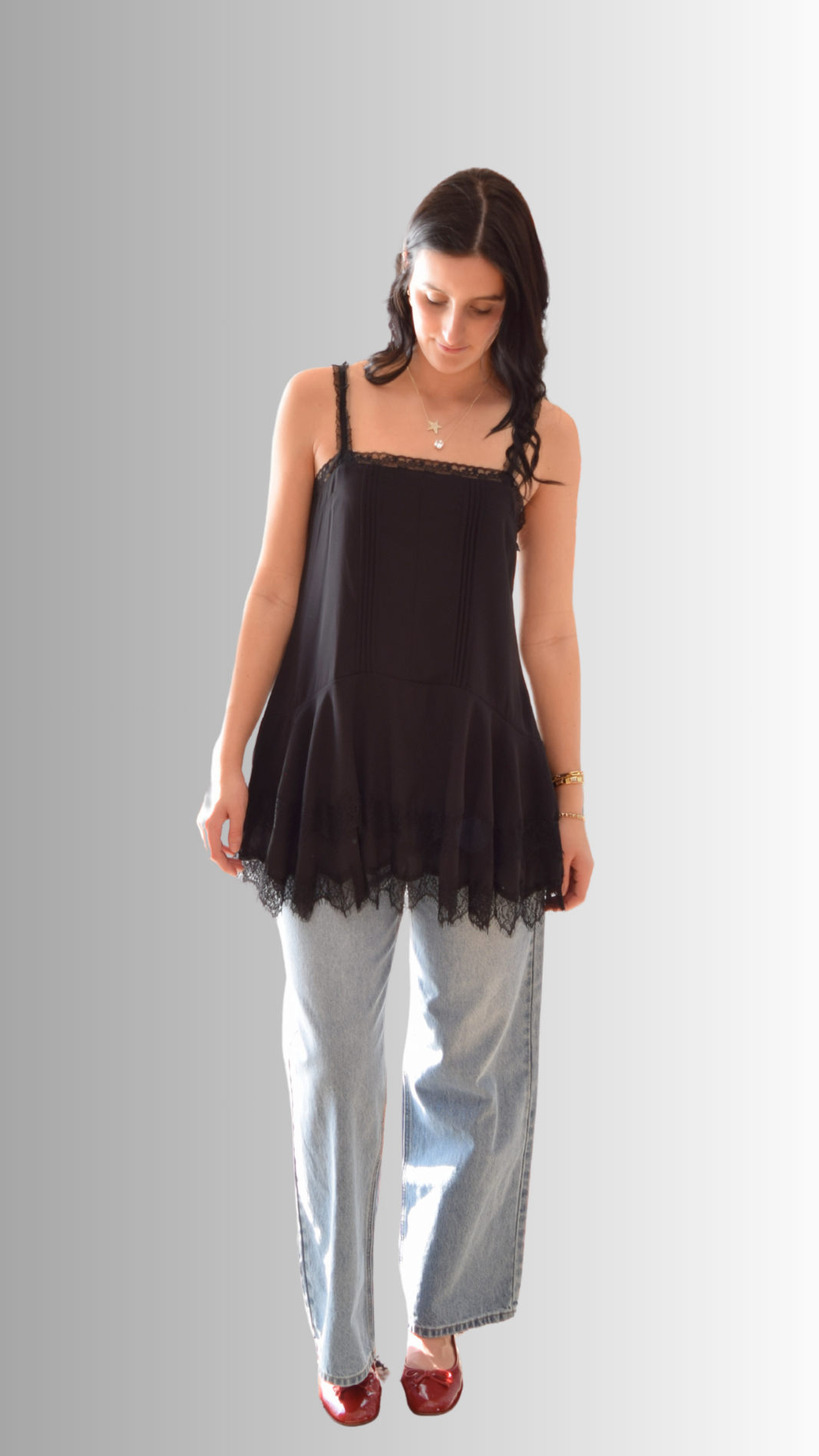 Drop Waist Lace Trim Detailed Tunic Dress Black