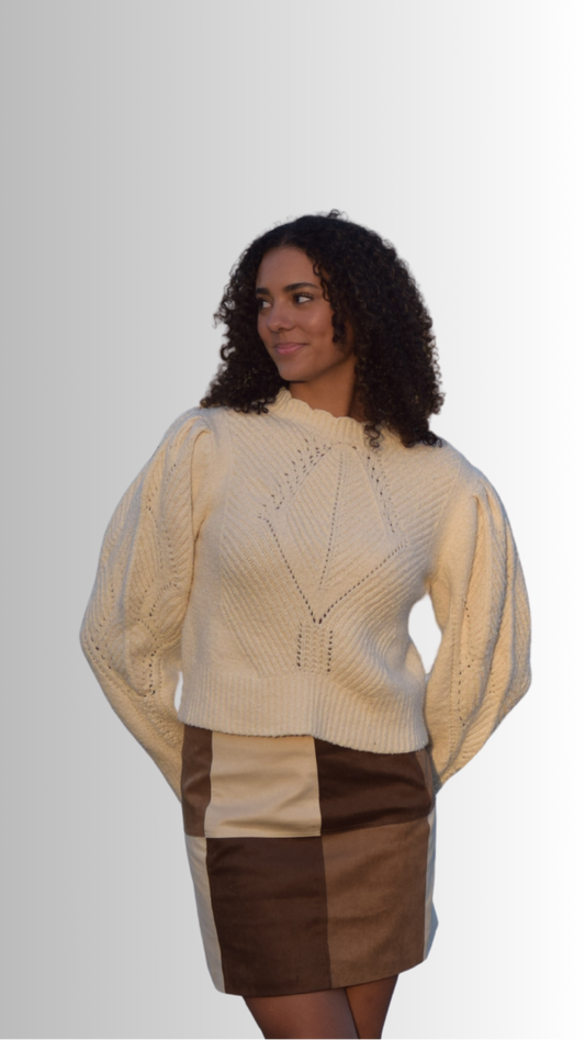 Puff Sleeve Crochet Detailed Sweater Top Vanilla