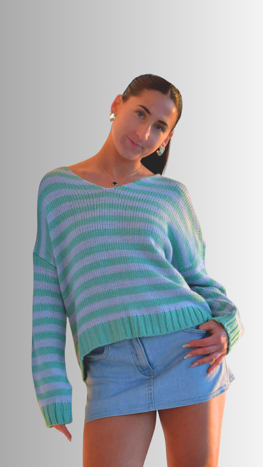 V Neck Mix Stripe Pullover Sweater Minty